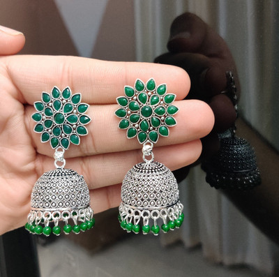 TANLOOMS Silver Sunflower Jhumkas For Girls and Women.(Green Color) Brass Jhumki Earring