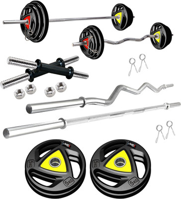 KRX 20 kg Professional Metal Integrated Rubber Plates with One 3 Ft Curl + One 5 Ft Plain and One Pair Dumbbell Rods Home Gym Combo KRX 20 kg Professional Metal Integrated Rubber Plates with One 3 Ft Curl + One 5 Ft Plain and One Pair Dumbbell Rods Home Gym Combo
