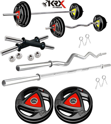 KRX 10 kg Professional Metal Integrated Rubber Plates with One 3 Ft Curl + One 5 Ft Plain and One Pair Dumbbell Rods Home Gym Combo