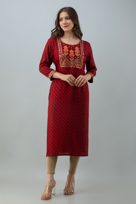 Nayrah Women Embroidered, Printed Straight Kurta(Maroon)