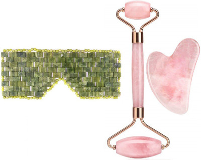 Getmecraft Rose Quartz Roller and Gua Sha Set With Jade Eye Mask Jade Roller, Rose Quartz Roller & Gua Sha Set and Jade Eye Mask, Facial Roller Massage Tool, for Face, Neck and Body Muscle Relaxing, Relieve Fine Lines and Wrinkles Massager(Pink, Green)