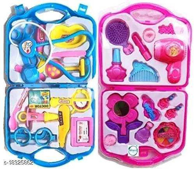 KPN NGG Combo of Pretend Plastic Beauty Makeup Kit Set toy for Girls and Dinner Toy Kit Set for Kids Play Toy Best Gift Toy for Kids Childrens Multicolor (Set of 2)