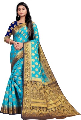 PANTHU Woven Kanjivaram Silk Blend, Jacquard Saree(Light Blue)