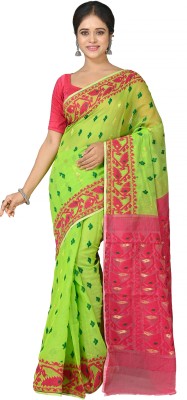 Mystory Printed Handloom Cotton Blend Saree(Green)