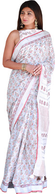 Pallo Latke Printed Daily Wear Cotton Linen Saree(White)