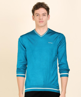 Seven By MS Dhoni Solid V Neck Casual Men Blue Sweater