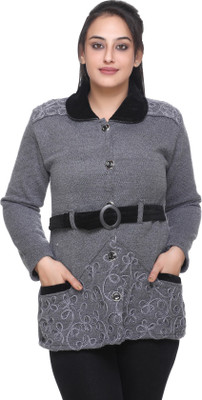 WOOL 4U Self Design Collared Neck Casual Women Grey Sweater