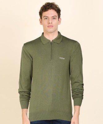 Seven By MS Dhoni Solid Collared Neck Casual Men Green Sweater