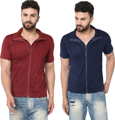 Jangoboy Self Design Men Polo Neck Dark Blue, Maroon T-Shirt