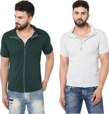 Jangoboy Solid Men Polo Neck Dark Green, Grey T-Shirt