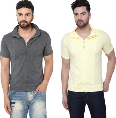 Adorbs Self Design Men Polo Neck Grey, Yellow T-Shirt