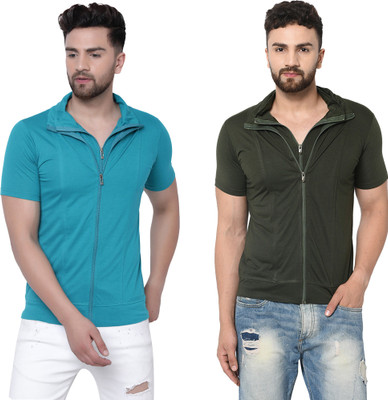 Jangoboy Solid Men Polo Neck Dark Blue, Dark Green T-Shirt