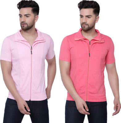 Jangoboy Solid Men Polo Neck Pink T-Shirt