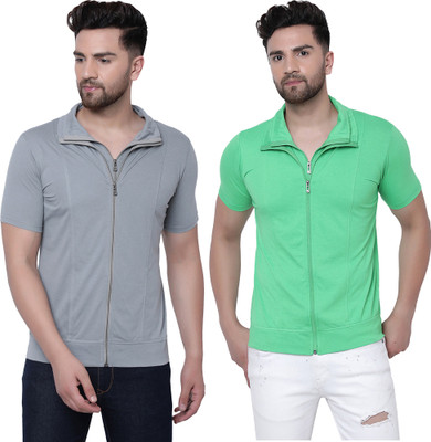 Adorbs Solid Men Polo Neck Green, Grey T-Shirt