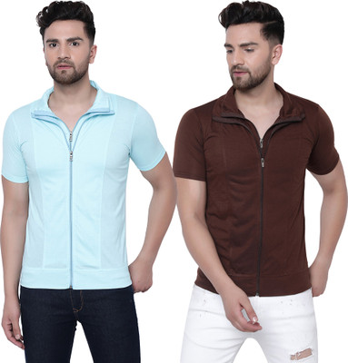Jaskart Solid Men Polo Neck Light Blue, Brown T-Shirt