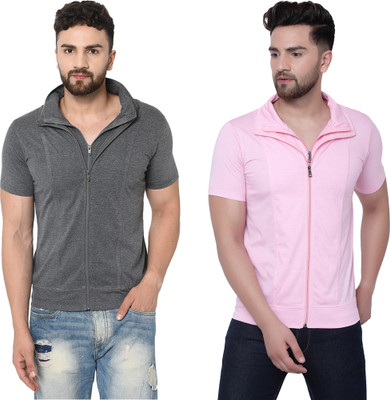 Jangoboy Solid Men Polo Neck Pink, Grey T-Shirt