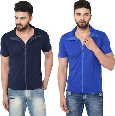 Adorbs Solid Men Polo Neck Dark Blue T-Shirt