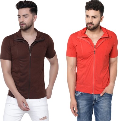 Jangoboy Solid Men Polo Neck Red, Brown T-Shirt