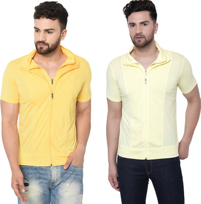 Adorbs Self Design Men Polo Neck Yellow T-Shirt