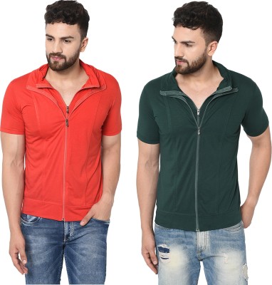 Adorbs Solid Men Polo Neck Dark Green, Red T-Shirt