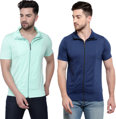 Adorbs Solid Men Polo Neck Dark Blue, Light Green T-Shirt