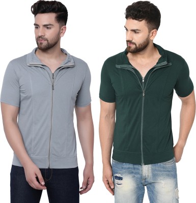 Jaskart Solid Men Polo Neck Dark Green, Grey T-Shirt