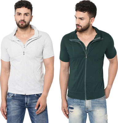 Jangoboy Solid Men Polo Neck Dark Green, Grey T-Shirt