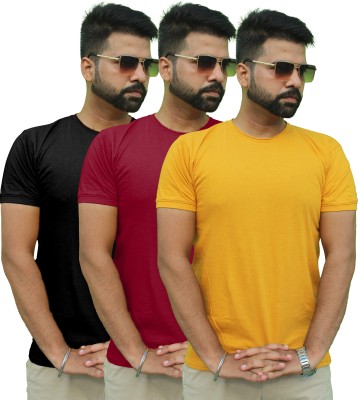 Mr Lier Solid Men Round Neck Maroon, Black, Yellow T-Shirt