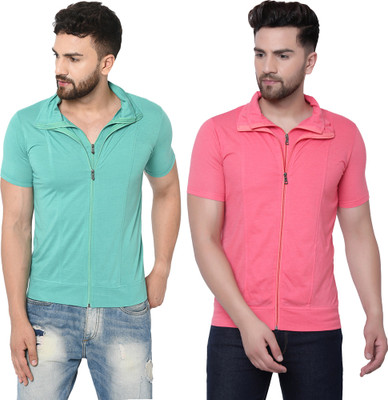 Adorbs Solid Men Polo Neck Red, Light Green T-Shirt