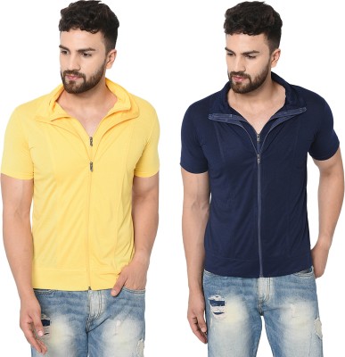 Jangoboy Self Design Men Polo Neck Dark Blue, Yellow T-Shirt