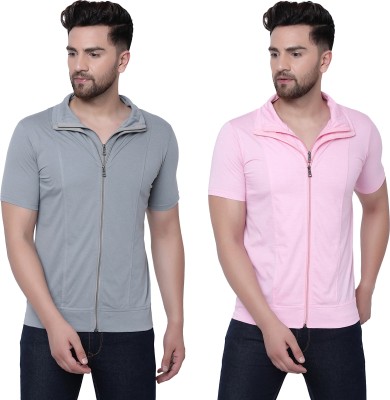 Jaskart Solid Men Polo Neck Pink, Grey T-Shirt