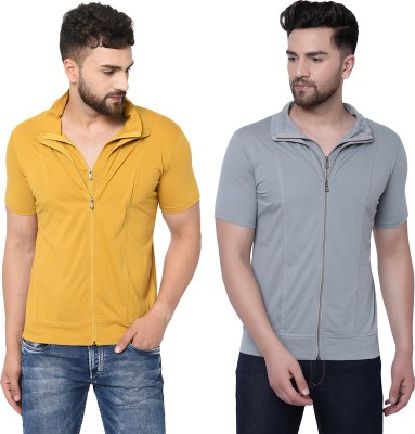 Jangoboy Solid Men Polo Neck Grey, Yellow T-Shirt