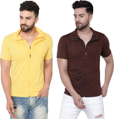 Adorbs Self Design Men Polo Neck Brown, Yellow T-Shirt