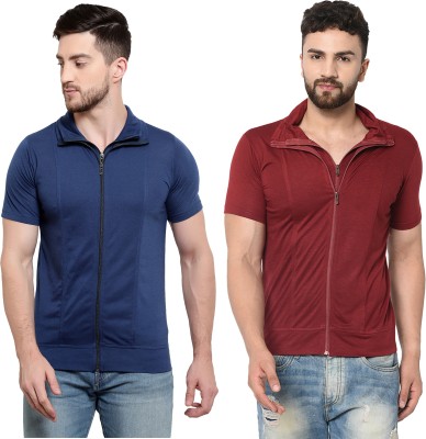 Adorbs Solid Men Polo Neck Dark Blue, Maroon T-Shirt