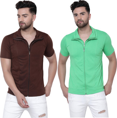 Jangoboy Solid Men Polo Neck Green, Brown T-Shirt