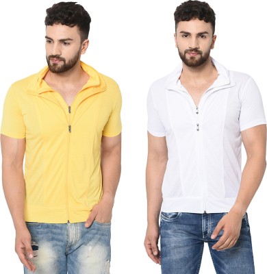 Jangoboy Solid Men Polo Neck White, Yellow T-Shirt