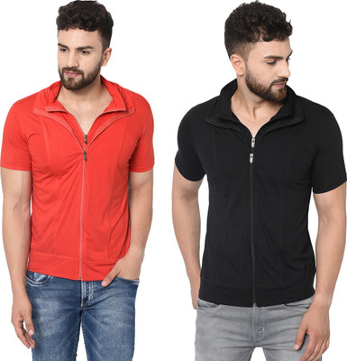 Jangoboy Solid Men Polo Neck Red, Black T-Shirt