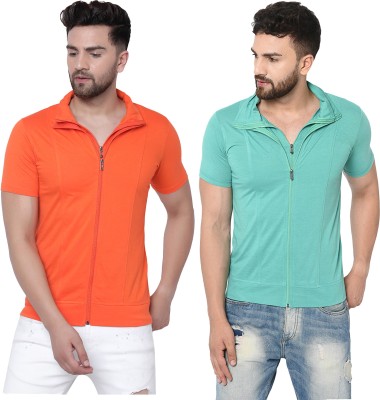 Adorbs Solid Men Polo Neck Orange, Light Green T-Shirt