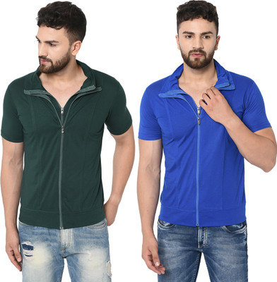 Adorbs Solid Men Polo Neck Dark Blue, Dark Green T-Shirt