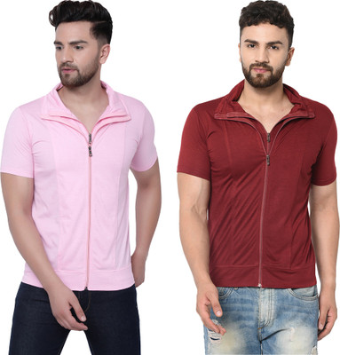 Adorbs Solid Men Polo Neck Maroon, Pink T-Shirt