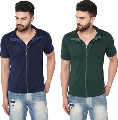 Jangoboy Solid Men Polo Neck Dark Blue, Dark Green T-Shirt