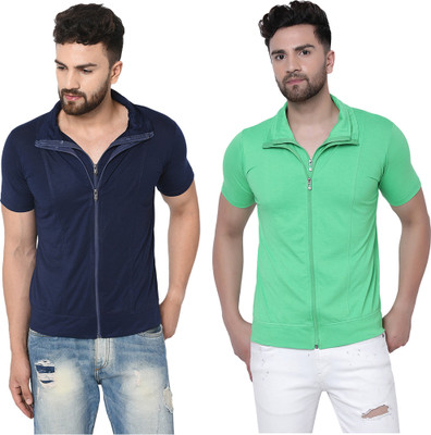 Jangoboy Solid Men Polo Neck Dark Blue, Green T-Shirt