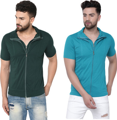 Jangoboy Solid Men Polo Neck Dark Blue, Dark Green T-Shirt