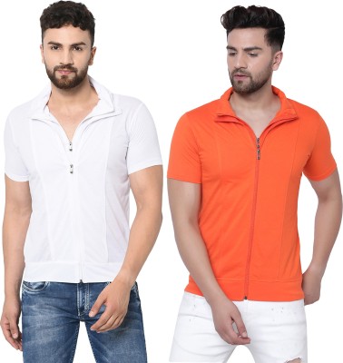 Jaskart Solid Men Polo Neck White, Orange T-Shirt