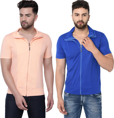 Adorbs Self Design Men Polo Neck Dark Blue, Beige T-Shirt
