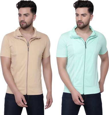 Adorbs Solid Men Polo Neck Beige, Light Green T-Shirt