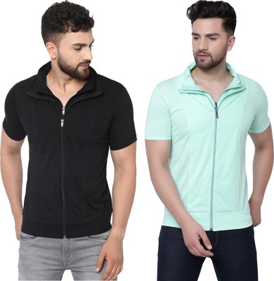 Jangoboy Solid Men Polo Neck Black, Light Green T-Shirt