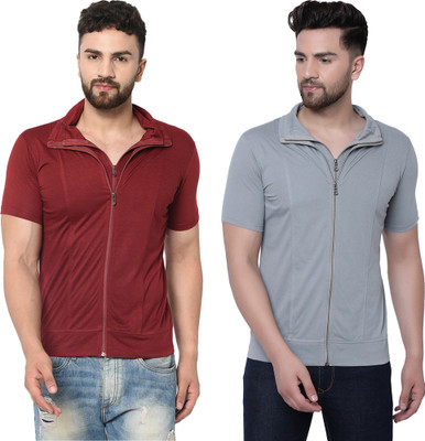 Adorbs Solid Men Polo Neck Maroon, Grey T-Shirt
