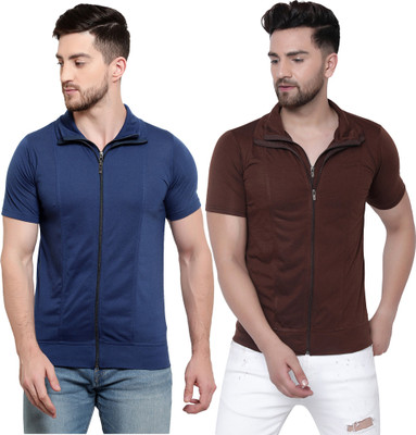 Jangoboy Solid Men Polo Neck Dark Blue, Brown T-Shirt