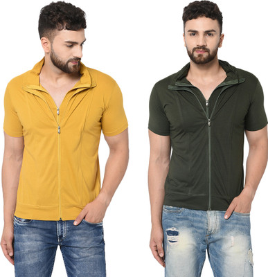 Jangoboy Solid Men Polo Neck Dark Green, Yellow T-Shirt